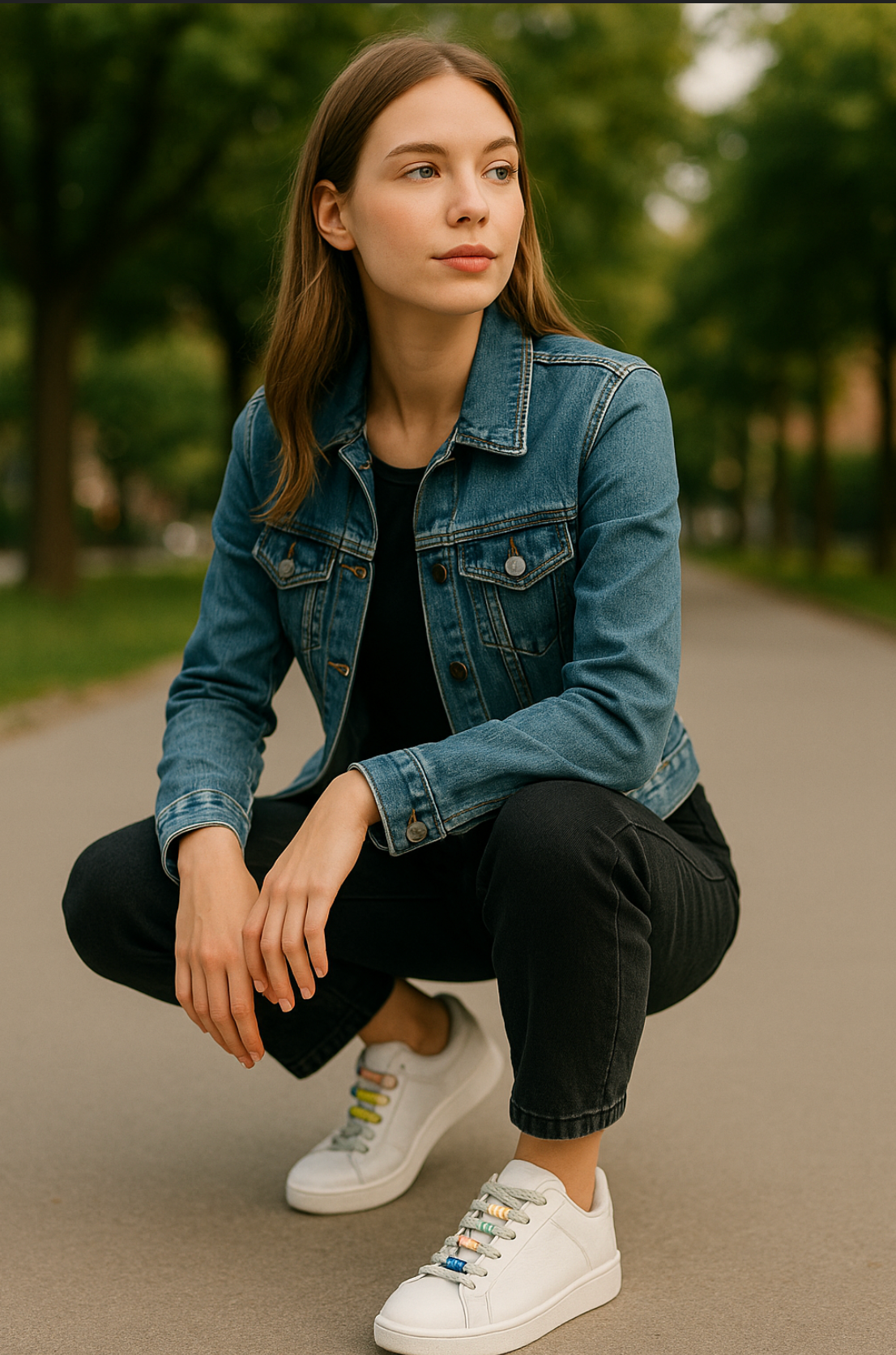 Mannequin femme accroupi avec pantalon noir vest en jean baskets blanches et boucles de lacets