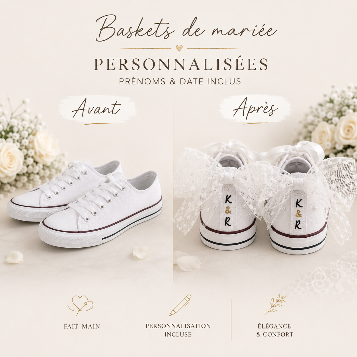 Personalisierte Braut-Sneaker – Weiß mit Perlen und Satinbändern