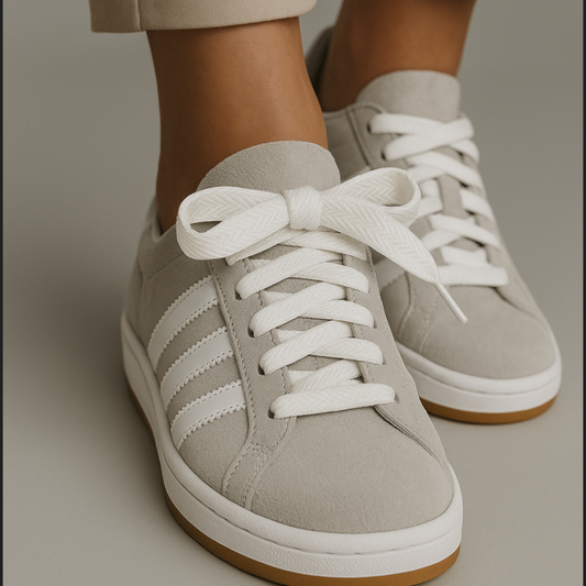 une paire de baskets beige avec des lacets chevrons blancs