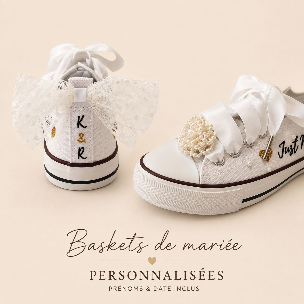 Personalisierte Braut-Sneaker – Weiß mit Perlen und Satinbändern