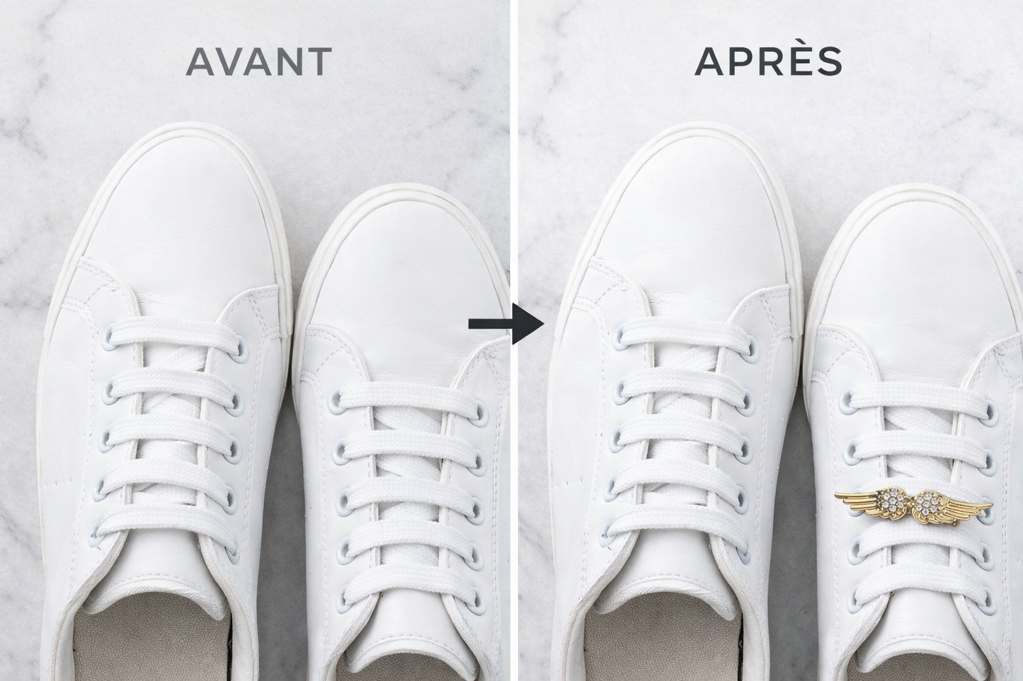 Avant après lace charms on white sneakers – transformation chaussures avec bijoux de lacets tendance"