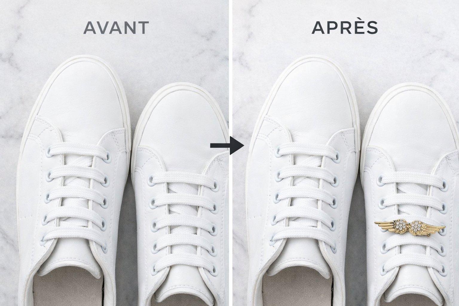 Avant après lace charms on white sneakers – transformation chaussures avec bijoux de lacets tendance"