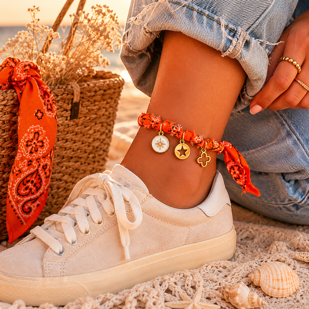 🏖️ Bracelet bandana paisley bohème, collier & chevillère assortis – Bijou coloré fait main femme | Shoeslaces