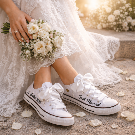Personalisierte Braut-Sneaker – Weiß mit Perlen und Satinbändern