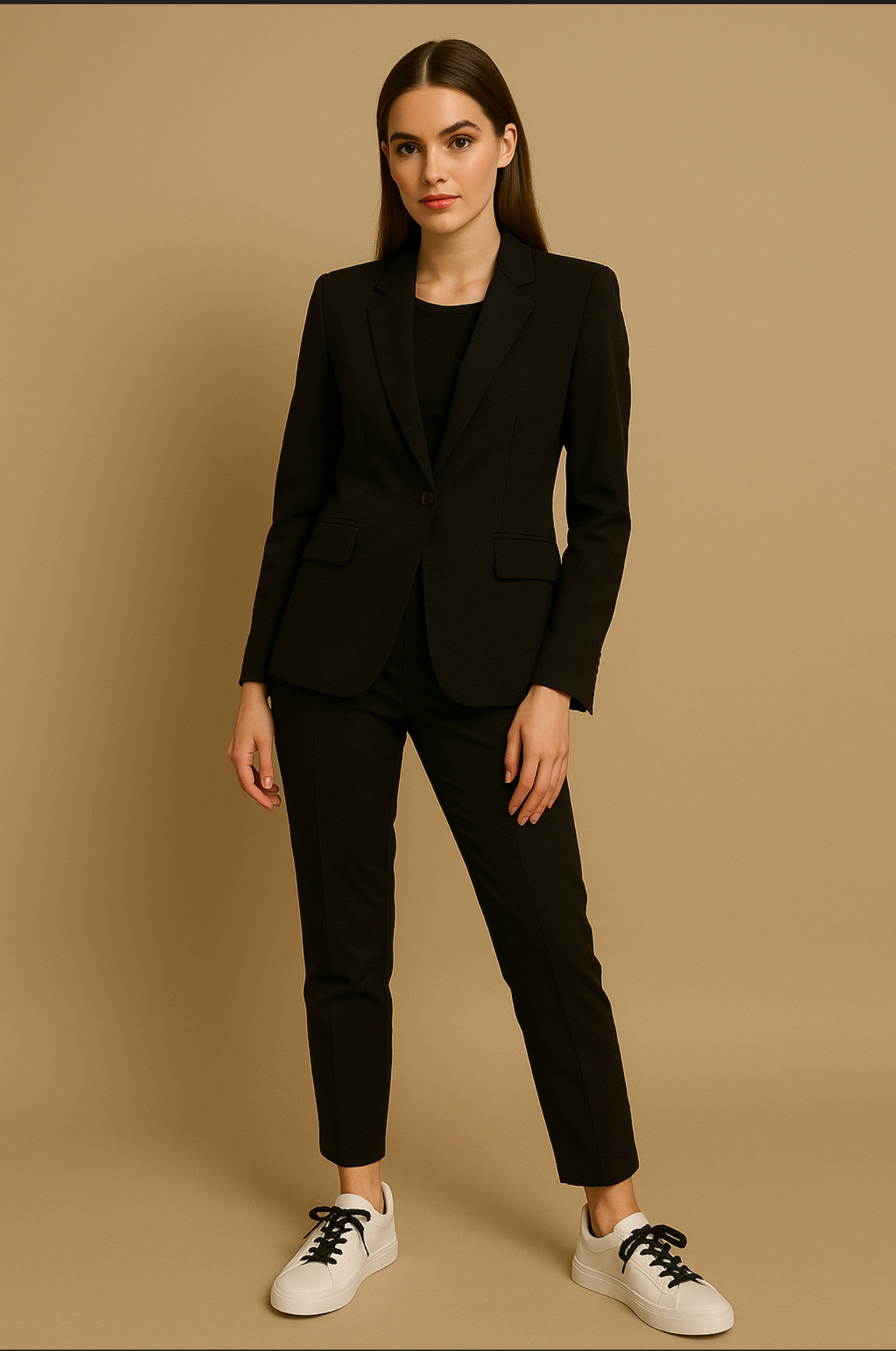 white sneakers with glitter shoelaces styled in full outfit look