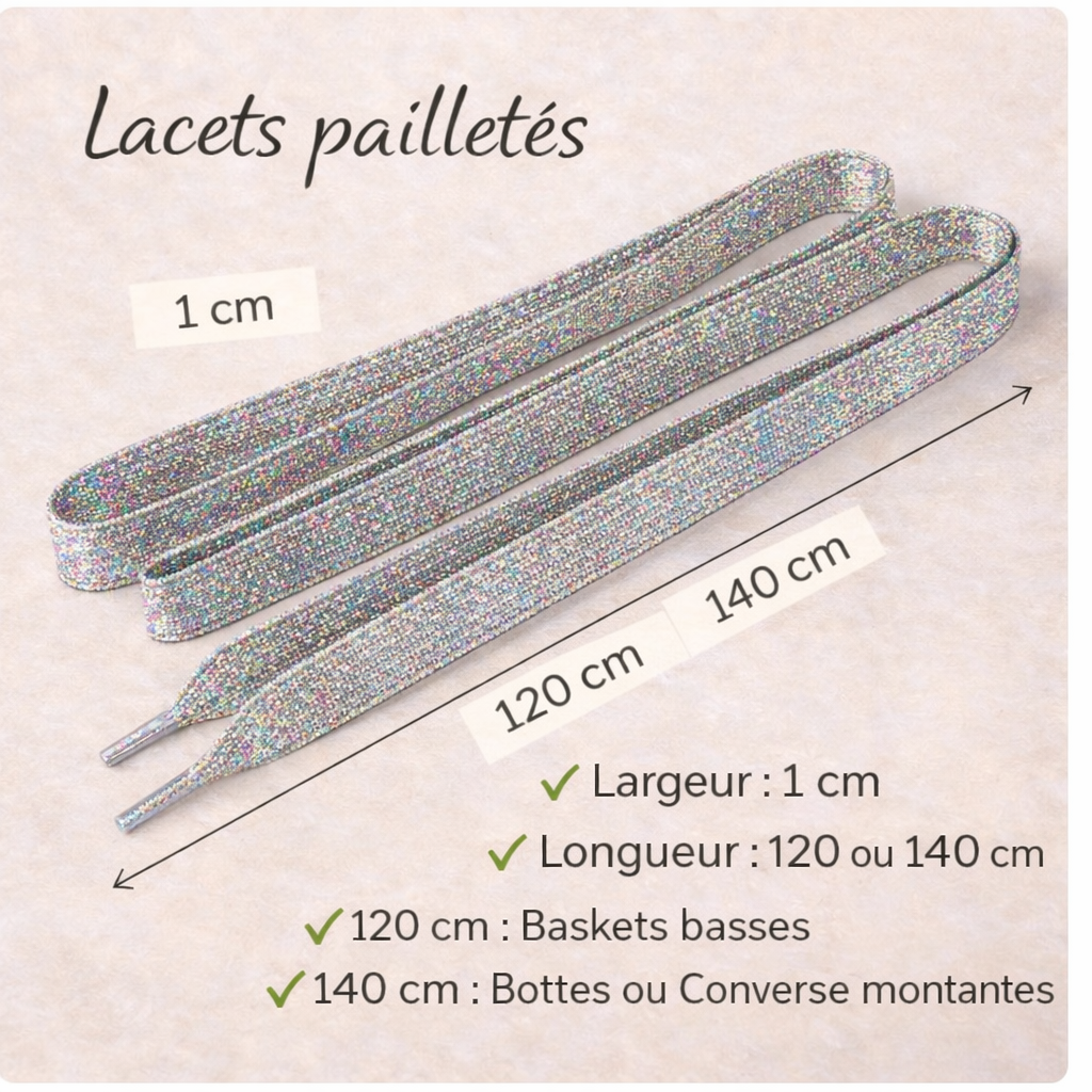 iridescent glitter shoelaces with size guide 120 cm for low sneakers and 140 cm for high top shoes