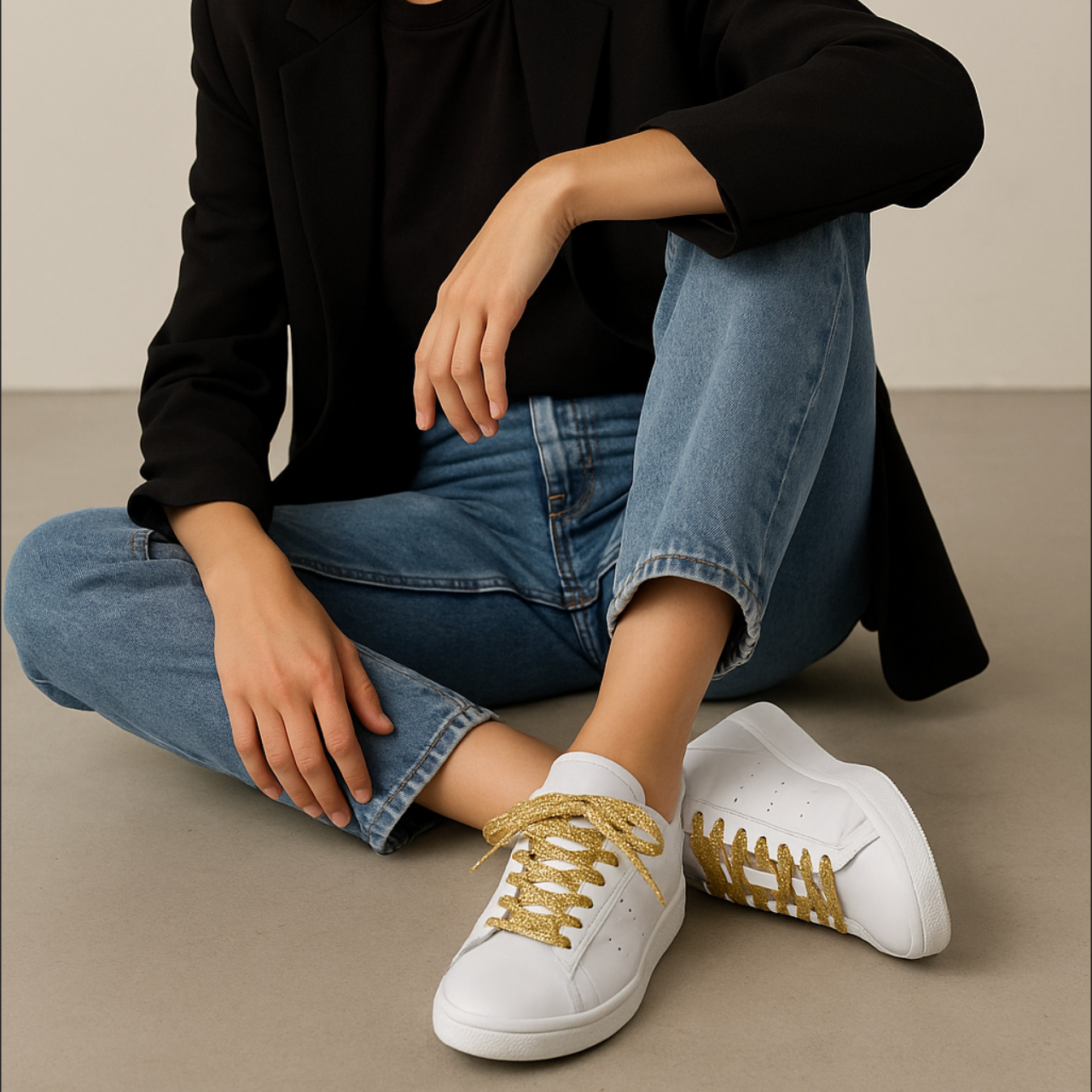 gold glitter shoelaces on white sneakers worn with casual outfit