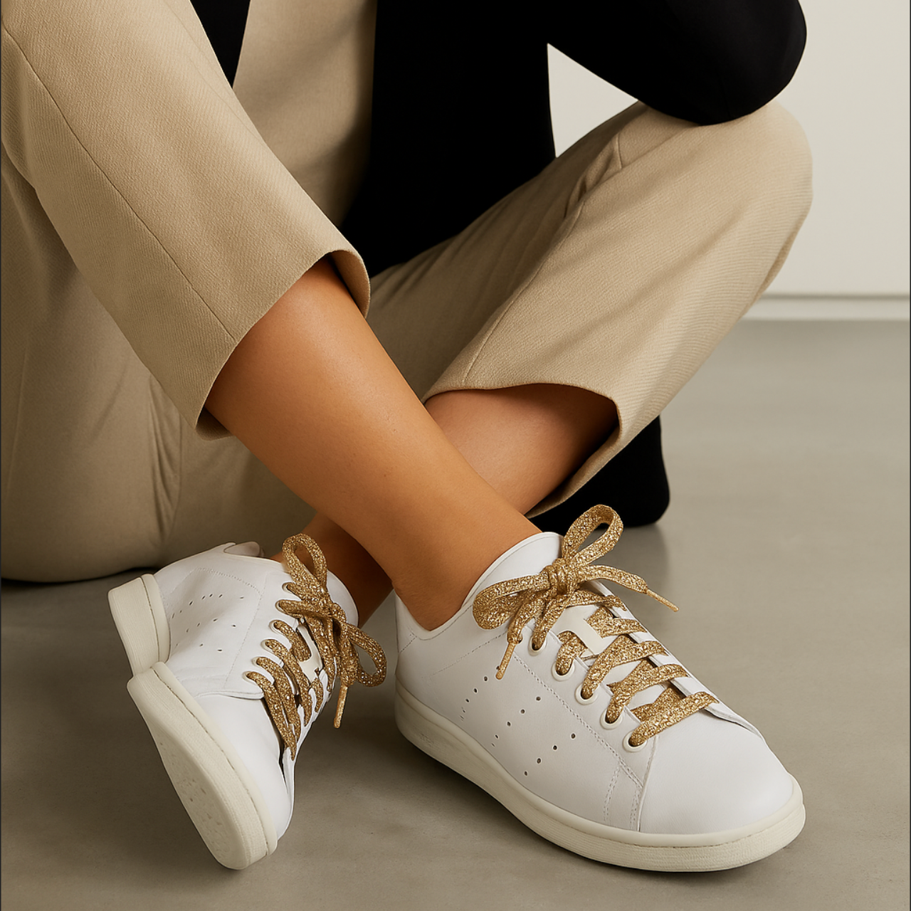 gold glitter shoelaces on white sneakers worn with casual outfit