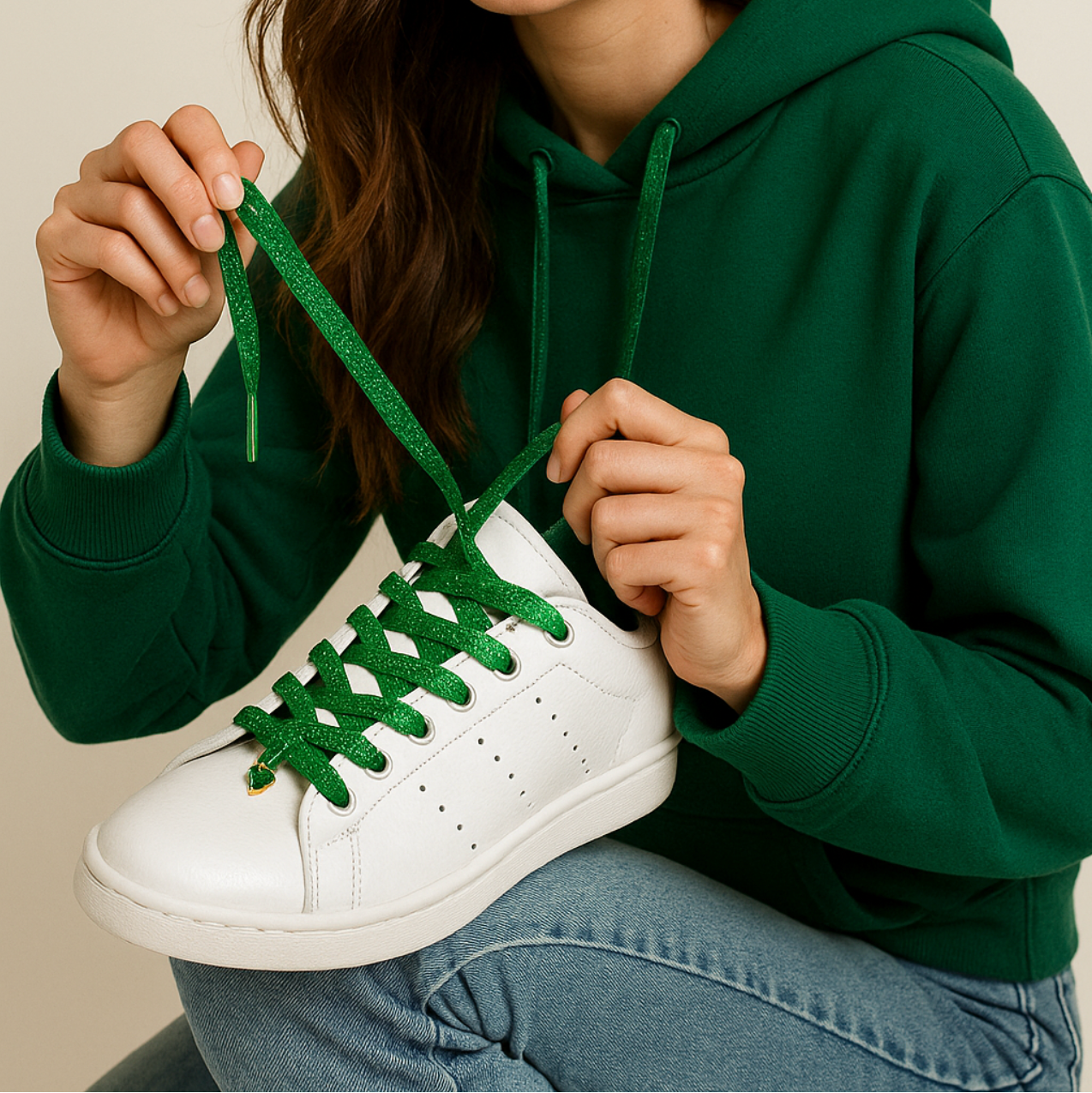 green glitter shoelaces on white sneakers being laced by hand