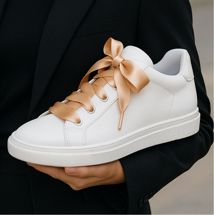 Sneakers avec lacets ruban satin champagne noués en nœud