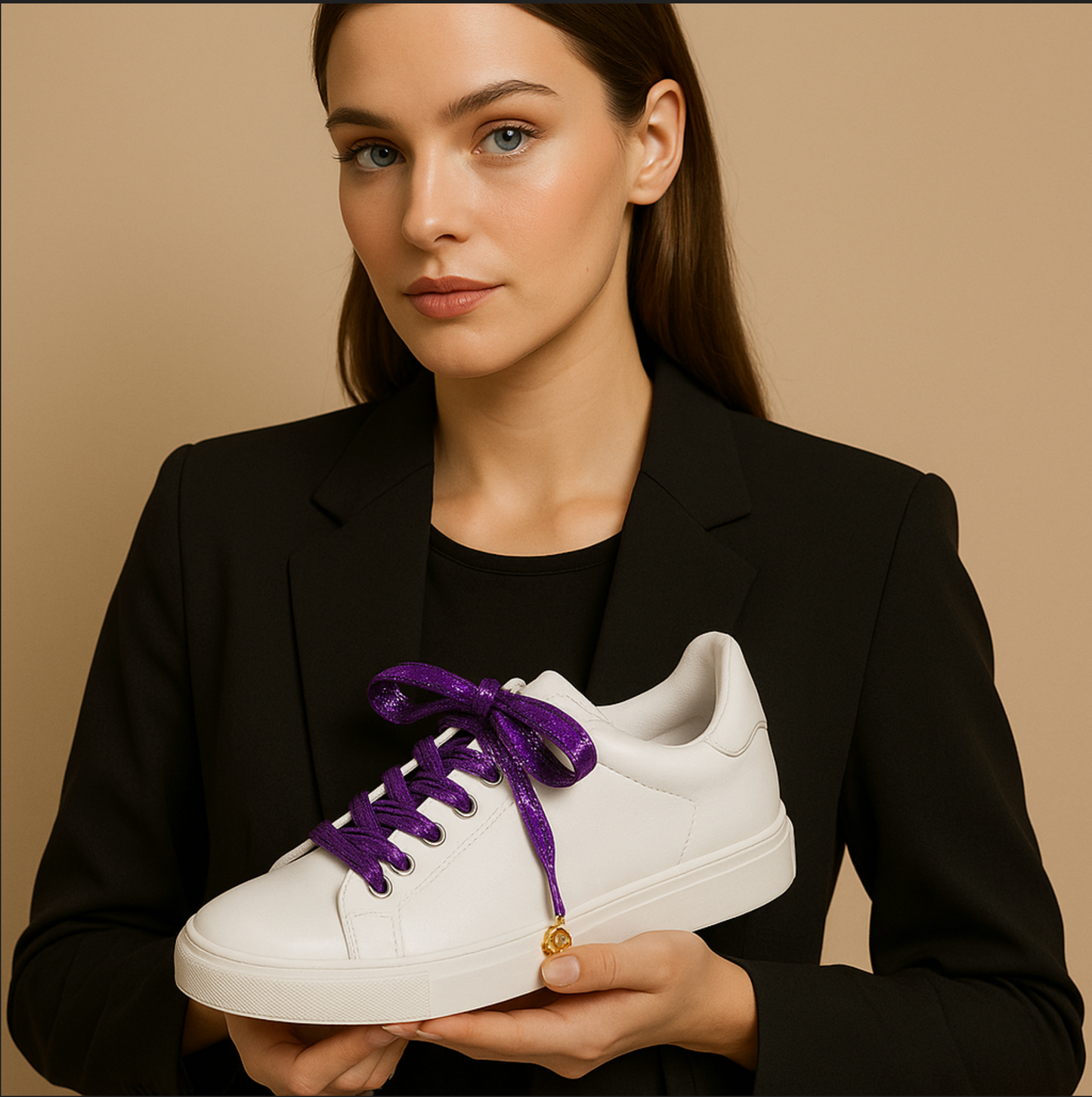 purple glitter shoelaces styled with white sneakers and black outfit