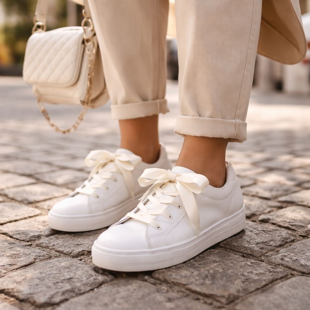 Sneakers avec lacets ruban satin portés avec un jean style casual